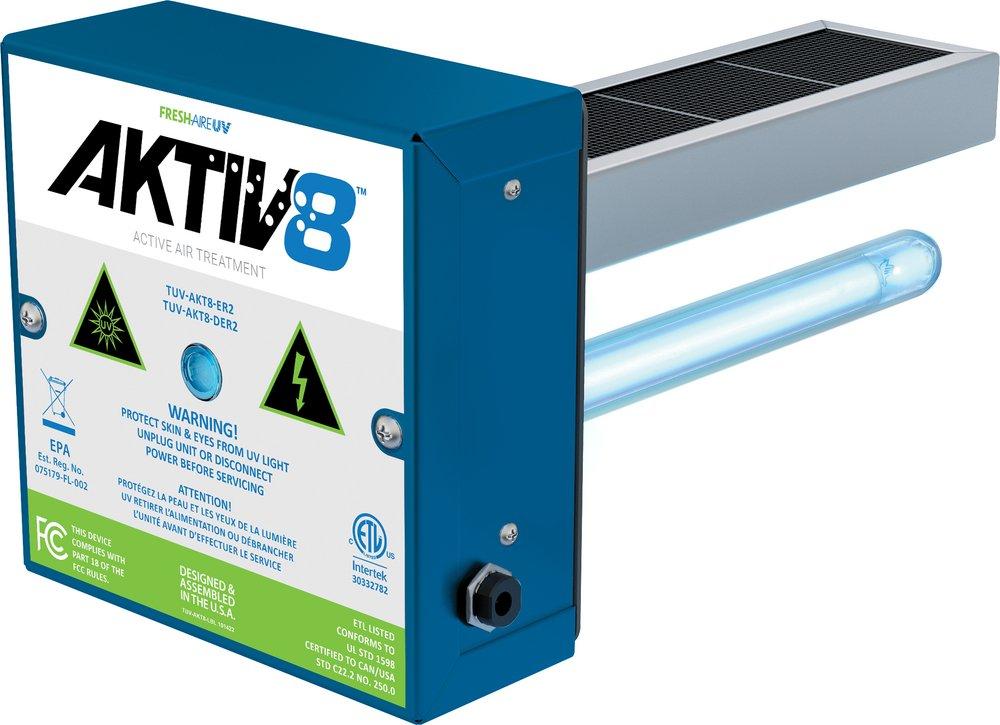 Fresh‑Aire UV Aktiv8 in‑duct single‑light air treatment system with UV‑C lamp for HVAC air purification