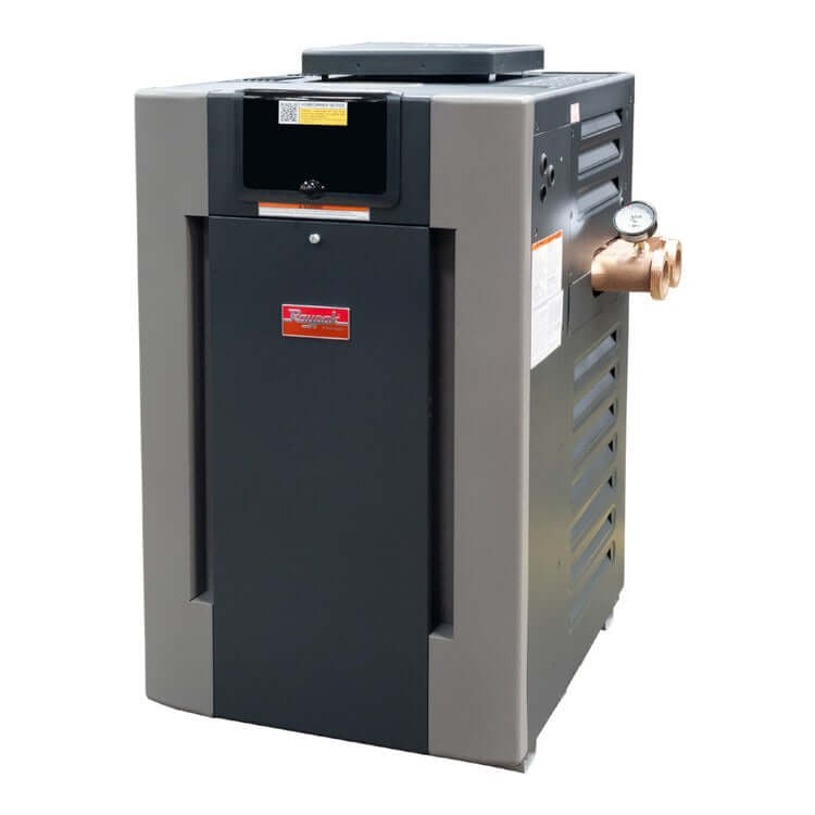 Raypak Natural Gas 199K BTU pool heater with copper‑fin heat exchanger and low‑profile design