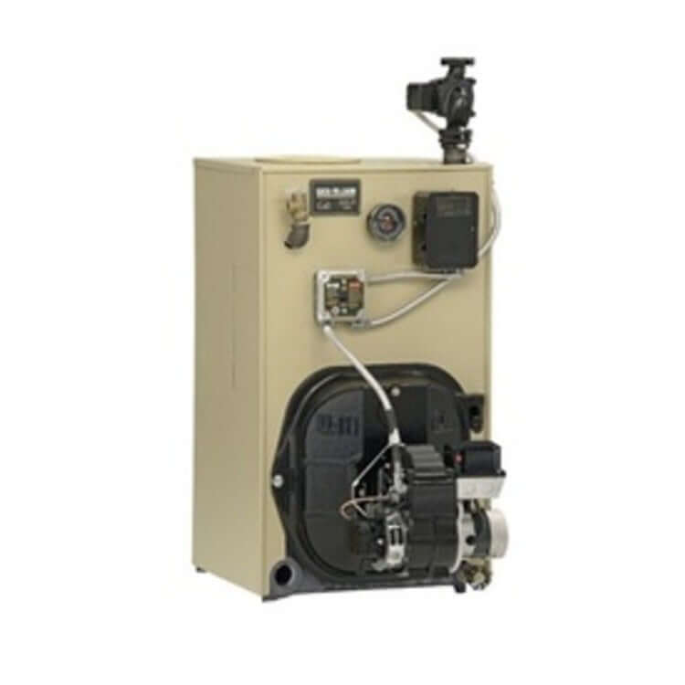 Weil-McLain oil-fired water boiler GoldS4 packaged unit with burner installed, designed for high heating demand.